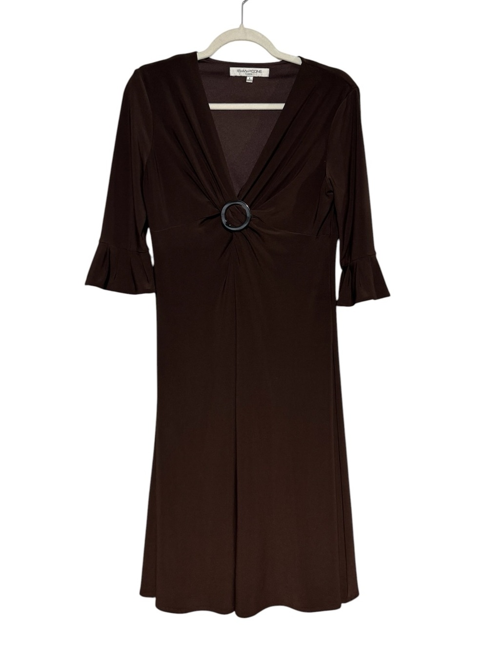 Evan Picone Brown Babydoll Dress Size 6 90s Corporate Office Siren Fluted Sleeve